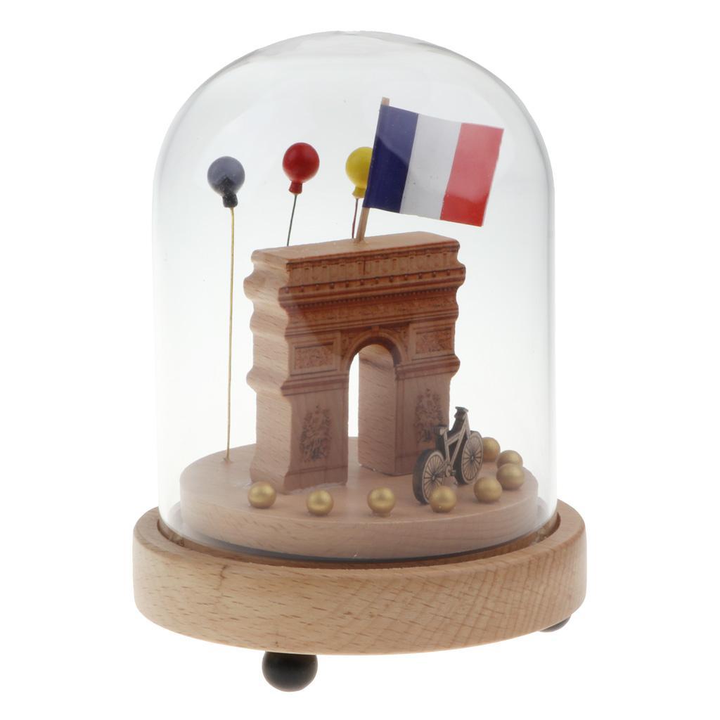 Wooden Luminous Rotating Music Box w/ Glass Dome Home Decor Ornament Gift - Triumphal Arch