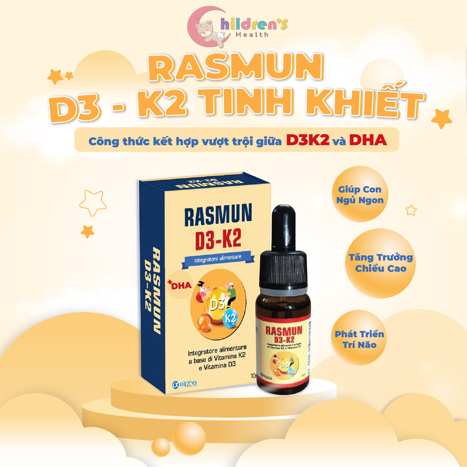 Vitamin bổ sung RASMUN chứa D3K2 và DHA Tăng chiều cao, đề kháng, trí não - Chính Hãng