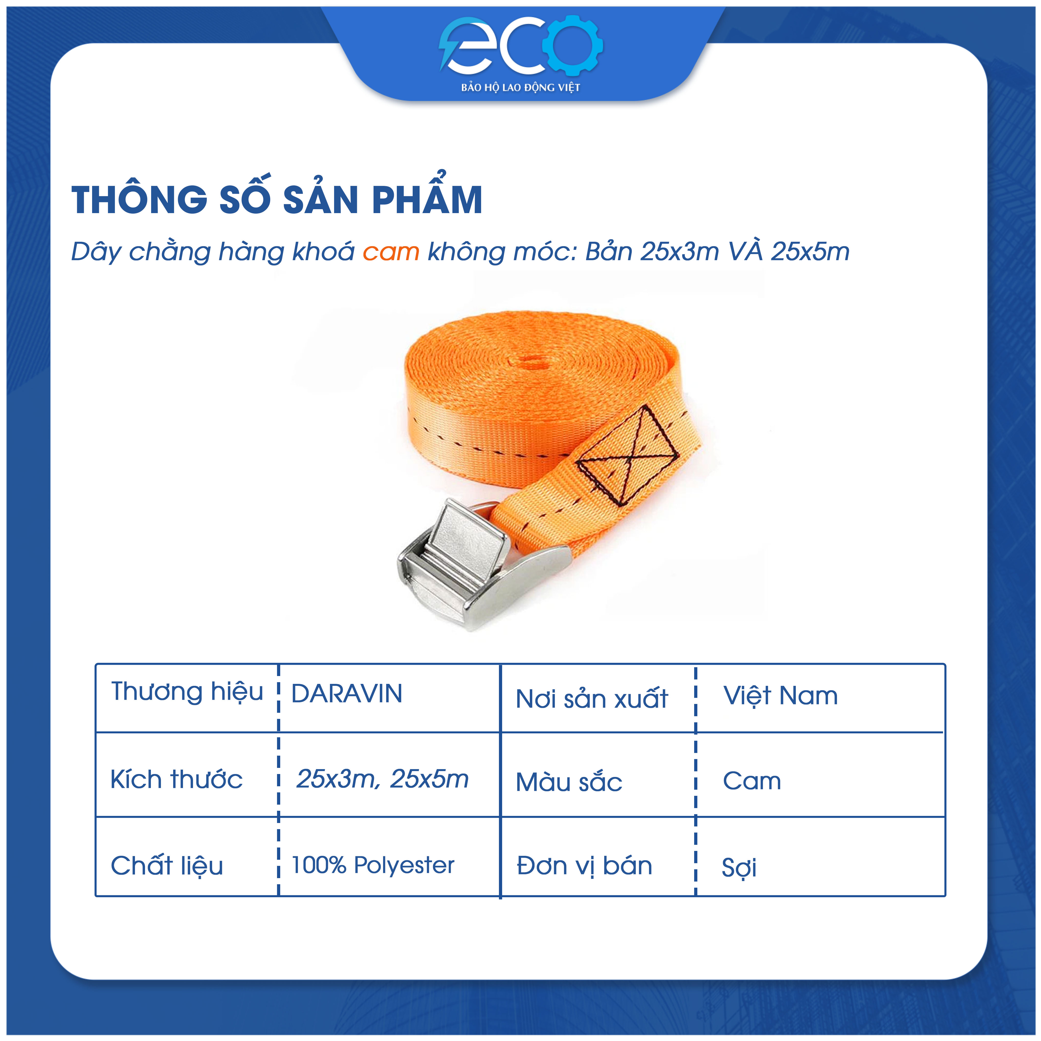 Dây chằng hàng khoá cam không móc Daravin, dây chằng hàng xe máy, hàng hóa pallet, vali, du lịch
