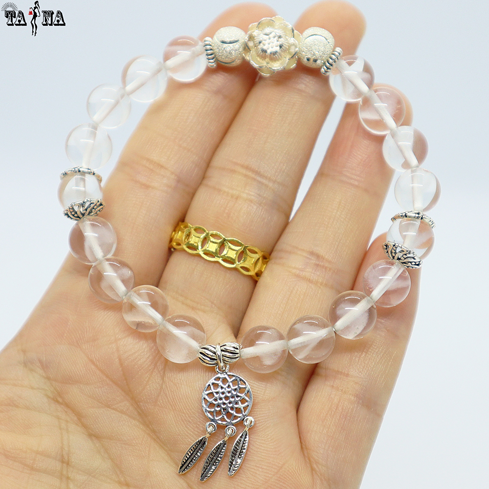 Vòng đá ưu linh trắng 8mm 5A charm bạc 925 cao cấp