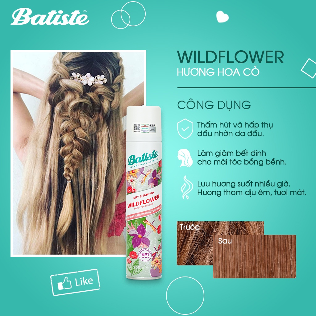 Dầu Gội Khô Batiste Hương Hoa Cỏ Nữ Tính, Tươi Mát - Batiste Dry Shampoo Fresh & Feminine Wildflower 200ml