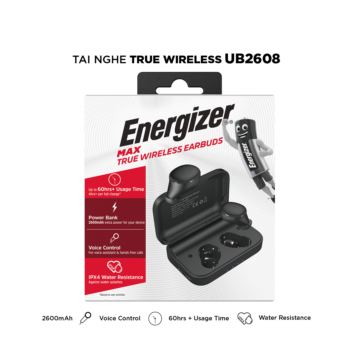 Tai nghe True Wireless Energizer UB2608  kèm hộp sạc di động chống thấm nước IPX4 -Hàng Chính Hãng