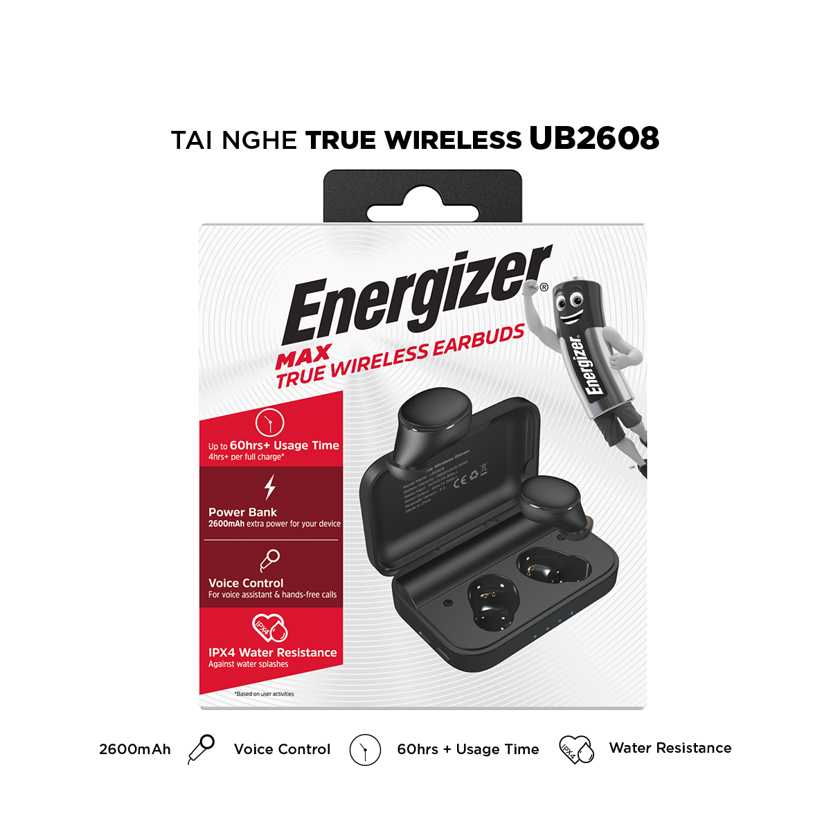 Tai nghe True Wireless Energizer UB2608 kèm hộp sạc di động chống thấm nước IPX4 -Hàng Chính Hãng