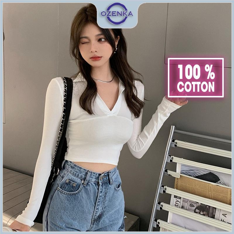 Áo croptop tay dài cổ polo sẻ v ôm nữ OZENKA , crt kiểu thanh lịch sang chảnh màu đen trắng mặc đi chơi dưới 55 kg