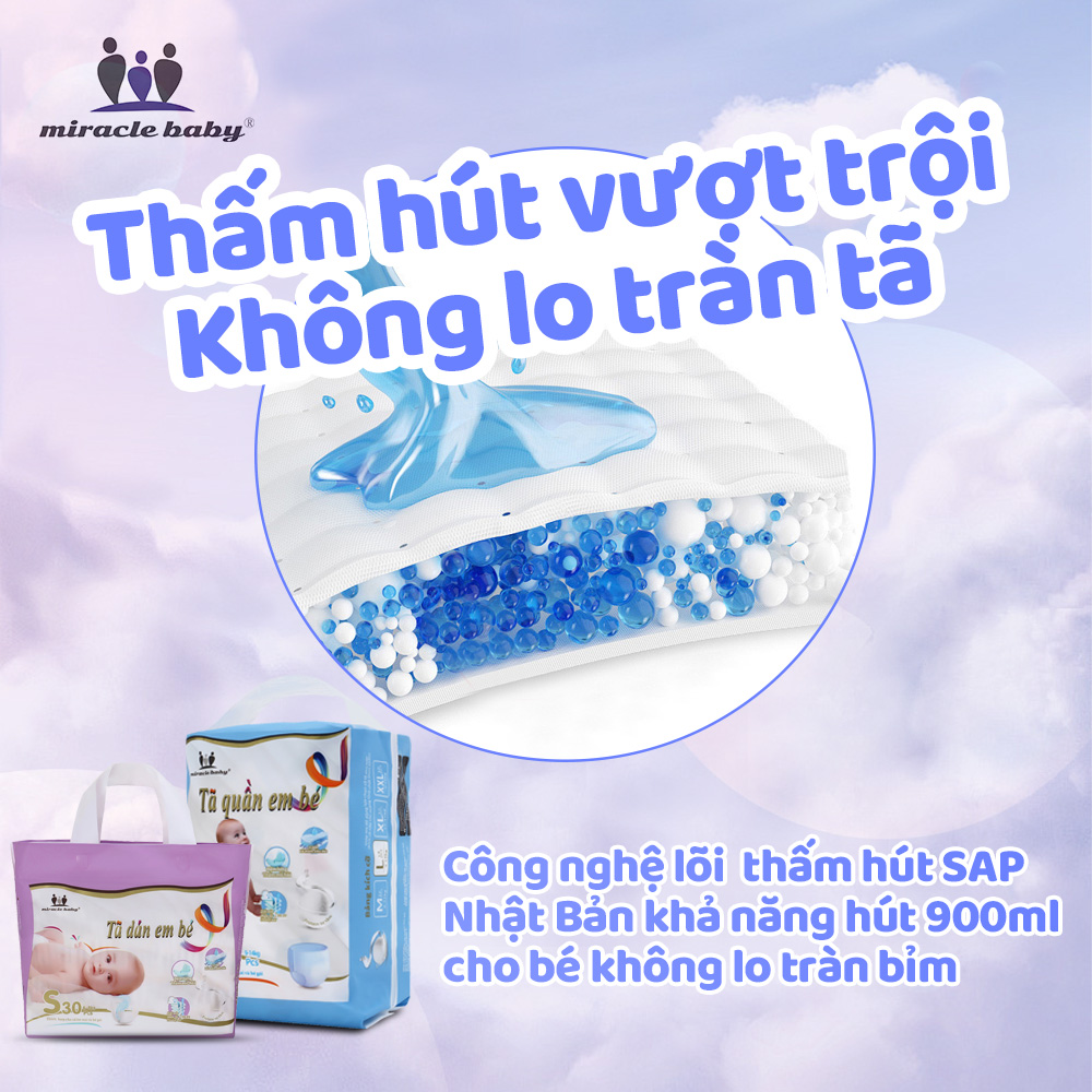 [COMBO 2 ] Tã quần / Bỉm quần cho bé từ 6kg trở lên thương hiệu Miracle Baby , chất liệu protein tơ tằm mềm mại thông thoáng làn da của bé có 4 kích cỡ M/L/XL/XXL