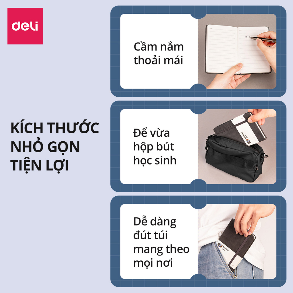 Sổ Tay Bìa Da Kẻ Ngang Mini A6 Chống Nước, Cao Cấp Deli - 192 Trang 80gsm - Ghi Chép, Takenote, Làm Quà Tặng Nhật Kí