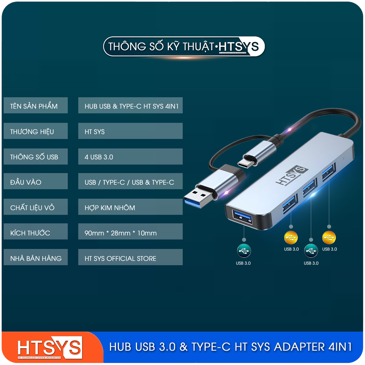 Hub Chuyển Đổi USB Type C HT SYS 4 in 1 To USB 3.0 - Hàng Chính Hãng