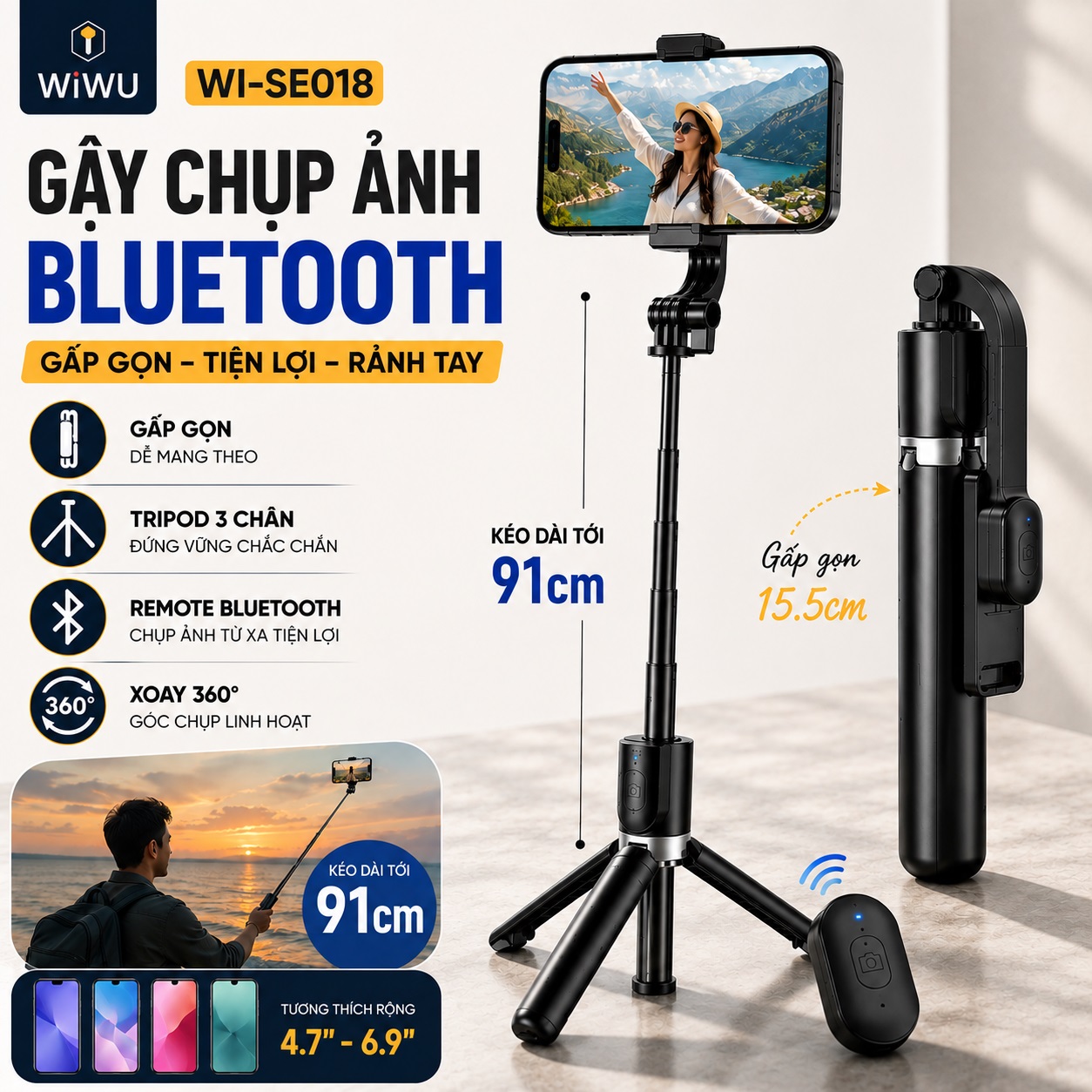 Gậy chụp hình selfie kiêm tripod xoay 360 độ AI thông minh WIWU Wi-SEO18 cho iPhone, samsung - Tripod 3 Chân, Remote Tháo Rời, Kéo Dài 91cm, Gập Gọn 15.5cm, Xoay 360°, Cho Điện Thoại 4.7-6.9 Inch - Hàng nhập khẩu