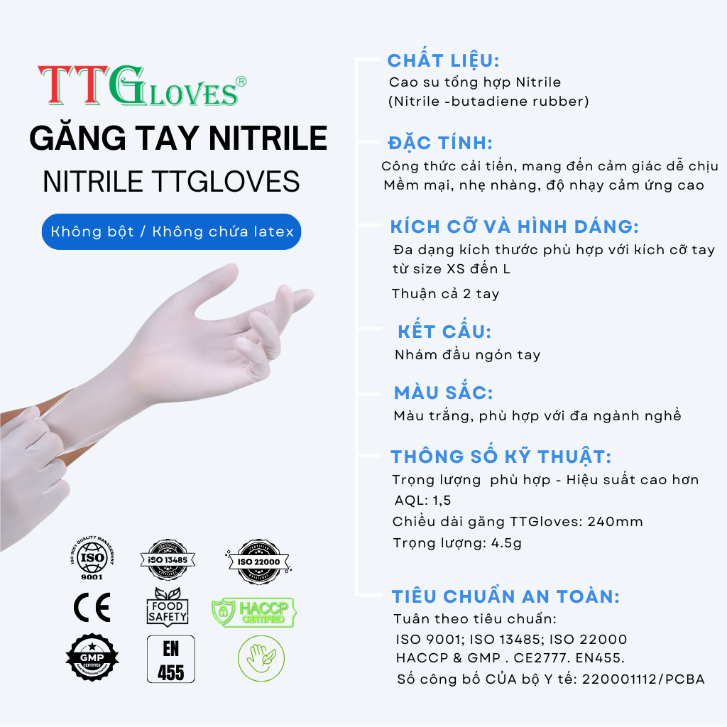 Găng Tay Y Tế Size S Không Bột Nitrile TTGLOVES Màu Trắng (100 Chiếc/hộp)