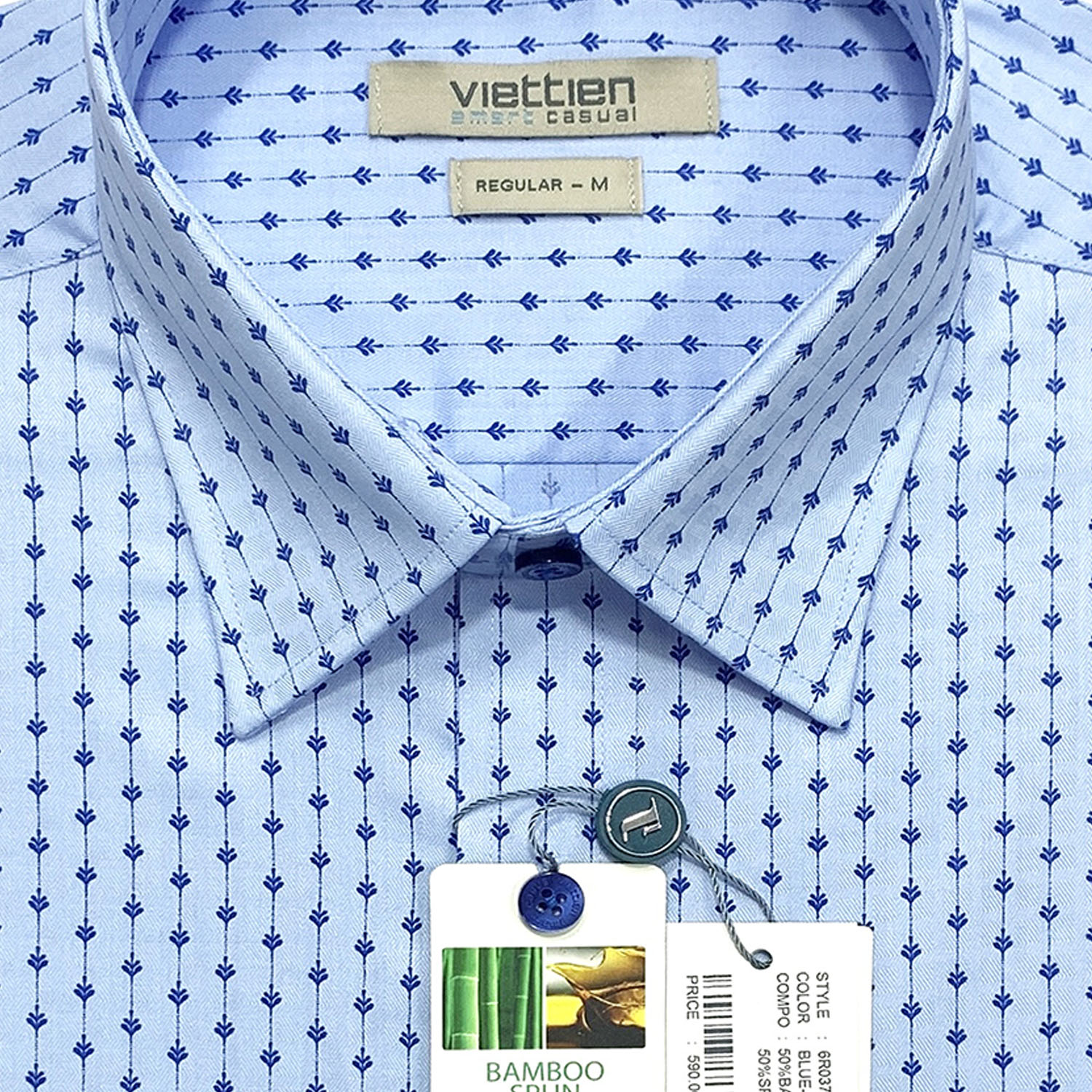 Viettien - Áo sơ mi nam ngắn tay xẻ tà lai ngang họa tiết 6R0372 regular