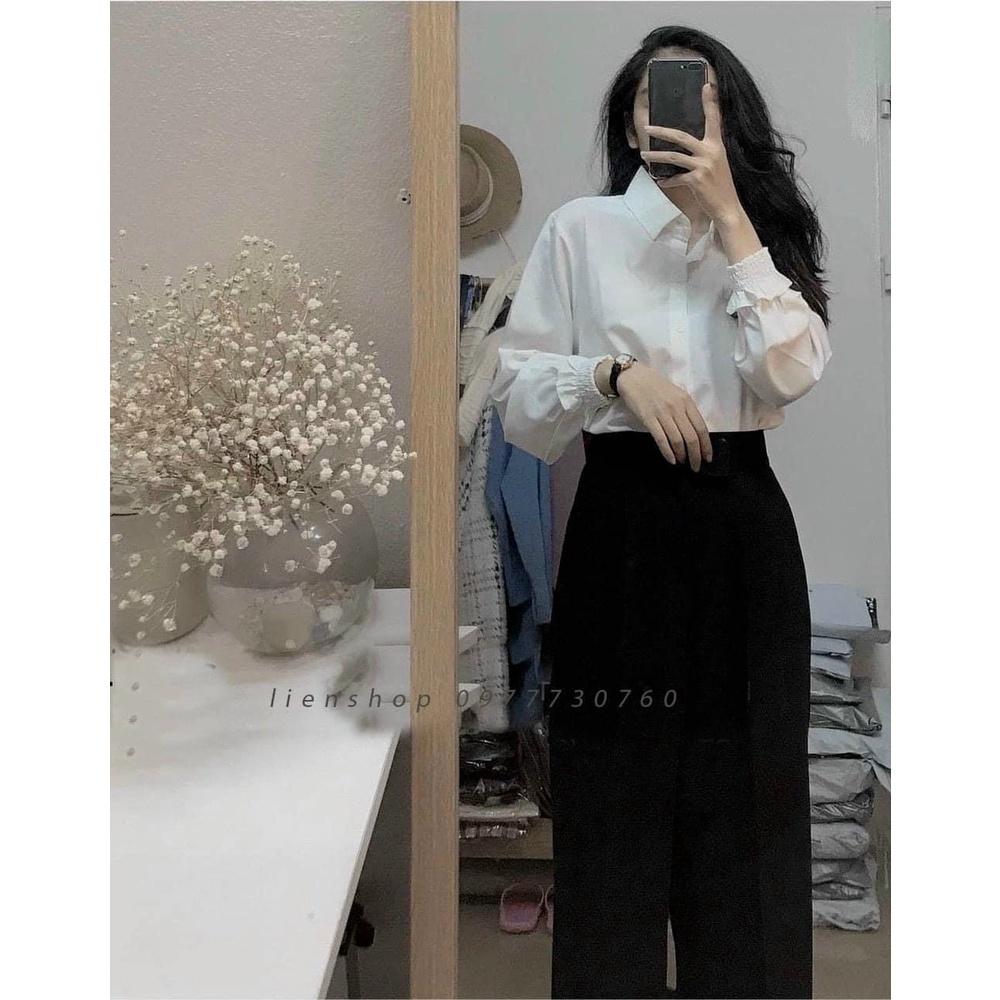 Áo sơ mi nữ trắng đi học tay dài bo nhúm cổ bẻ basic form rộng vừa - Sơ mi đi học sinh nữ trắng tay dài