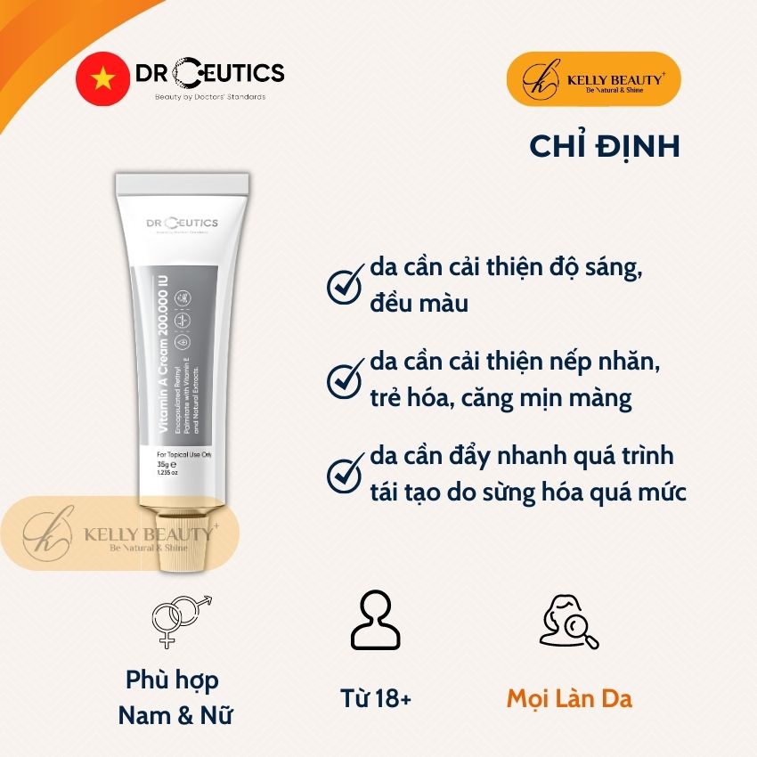 Kem Dưỡng Vitamin A Cream 200.000 IU DrCeutics - Mờ Nếp Nhăn, Căng Mịn; Sáng Da, Mờ Thâm Nám | Kelly Beauty