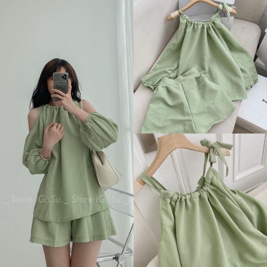 Set áo dài tay đũi hở vai thắt nơ phối quần short cạp chun be xanh mint đi biển đi chơi siêu xinh