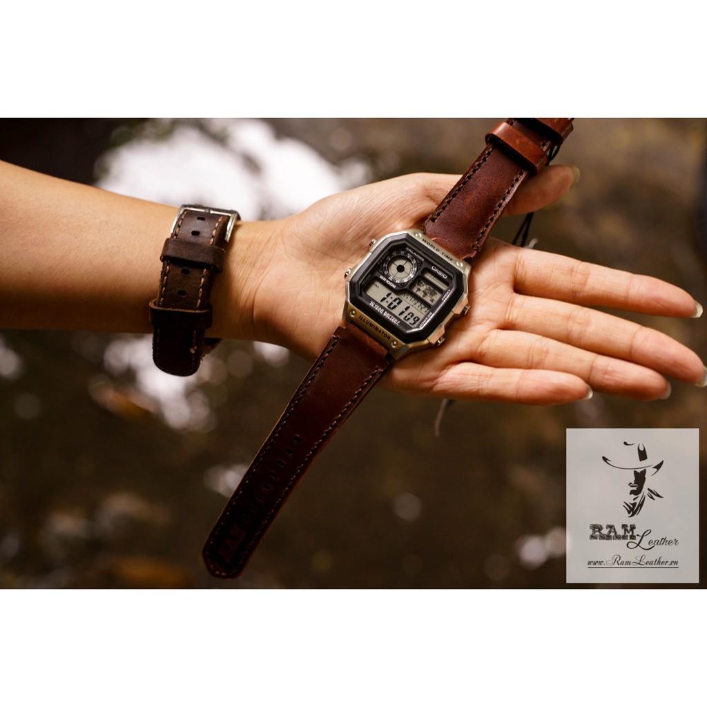 Dây đồng hồ da bò cho Casio AE1200 WHD và Seiko 5 37mm - Da bò nâu sáng