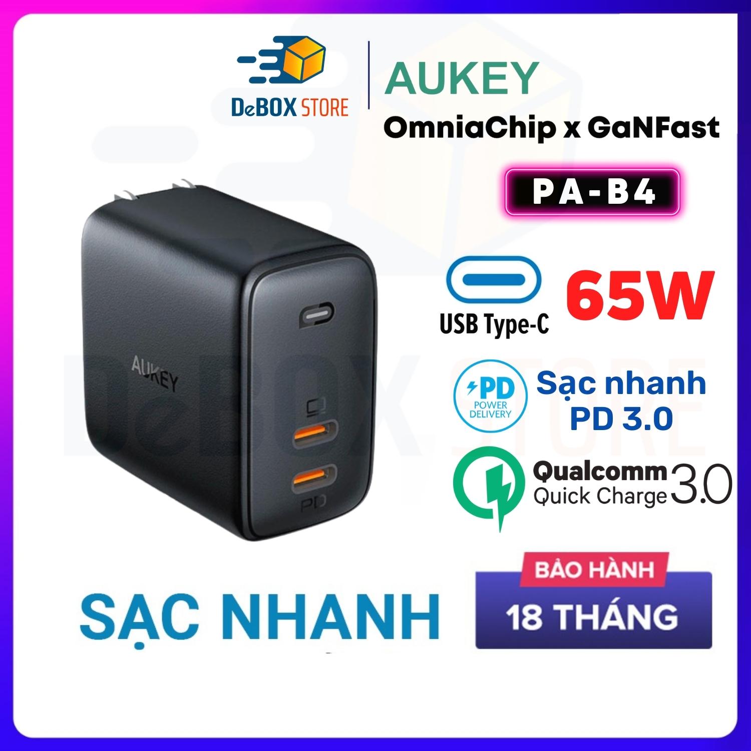 Củ Sạc Siêu Nhanh GAN AUKEY PA-B4 65W Sạc Mac 65W, PD 20W Cho iP 13 12 Pro 11 Pro XS - Hàng Chính Hãng