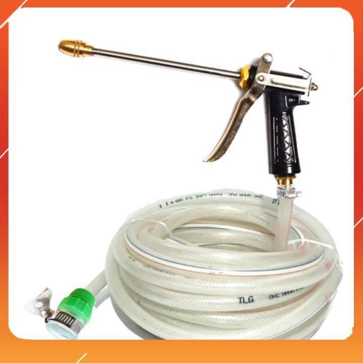 Bộ dây vòi xịt bơm nước tưới rửa , tăng áp 3 lần, loại 7m, 10m 206318 đầu đồng,cút,nối đen+ đai