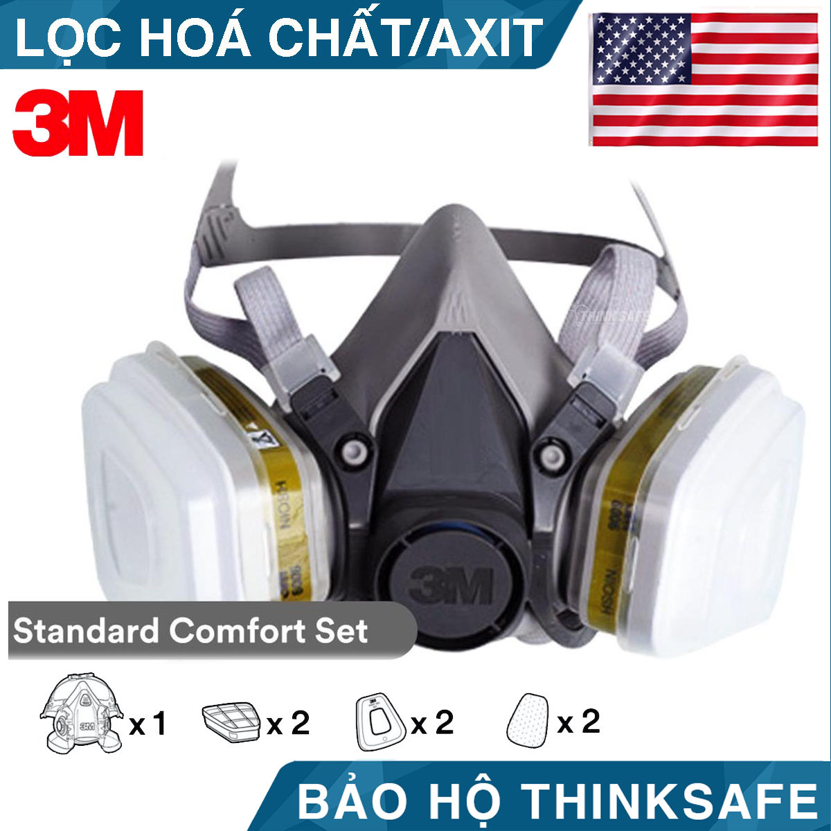 Mặt nạ phòng độc 3M 6200 bộ 7 món sử dụng phin 3M 6006 - mặt nạ phòng dịch, chống bụi, chống độc phun sơn hàn xì - lọc hơi vô cơ, hữu cơ- Axit