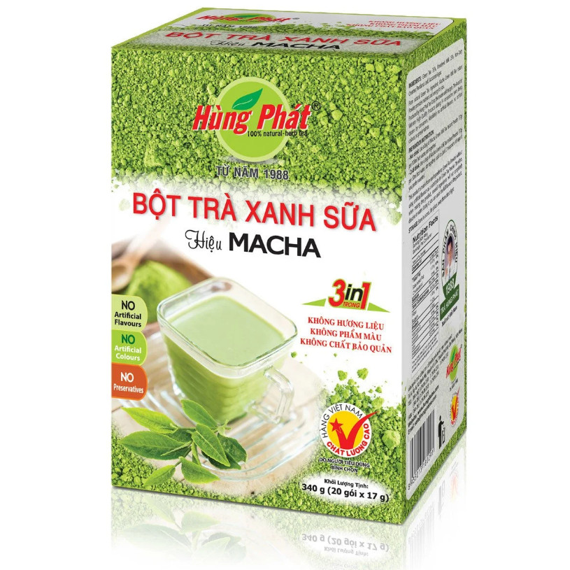 Bột Trà Xanh Sữa Hiệu Macha 20 Gói/Hộp - Thương hiệu Hùng Phát: Thành Phần Tự Nhiên - Không Hương Liệu - Không Phẩm Màu - Không Chất Bảo Quản