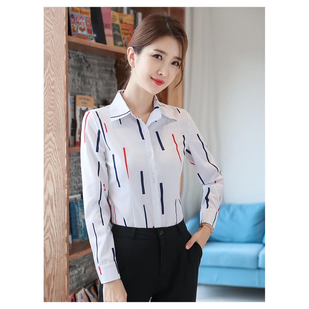 Hàng nhập sơ mi nữ phối sọc màu