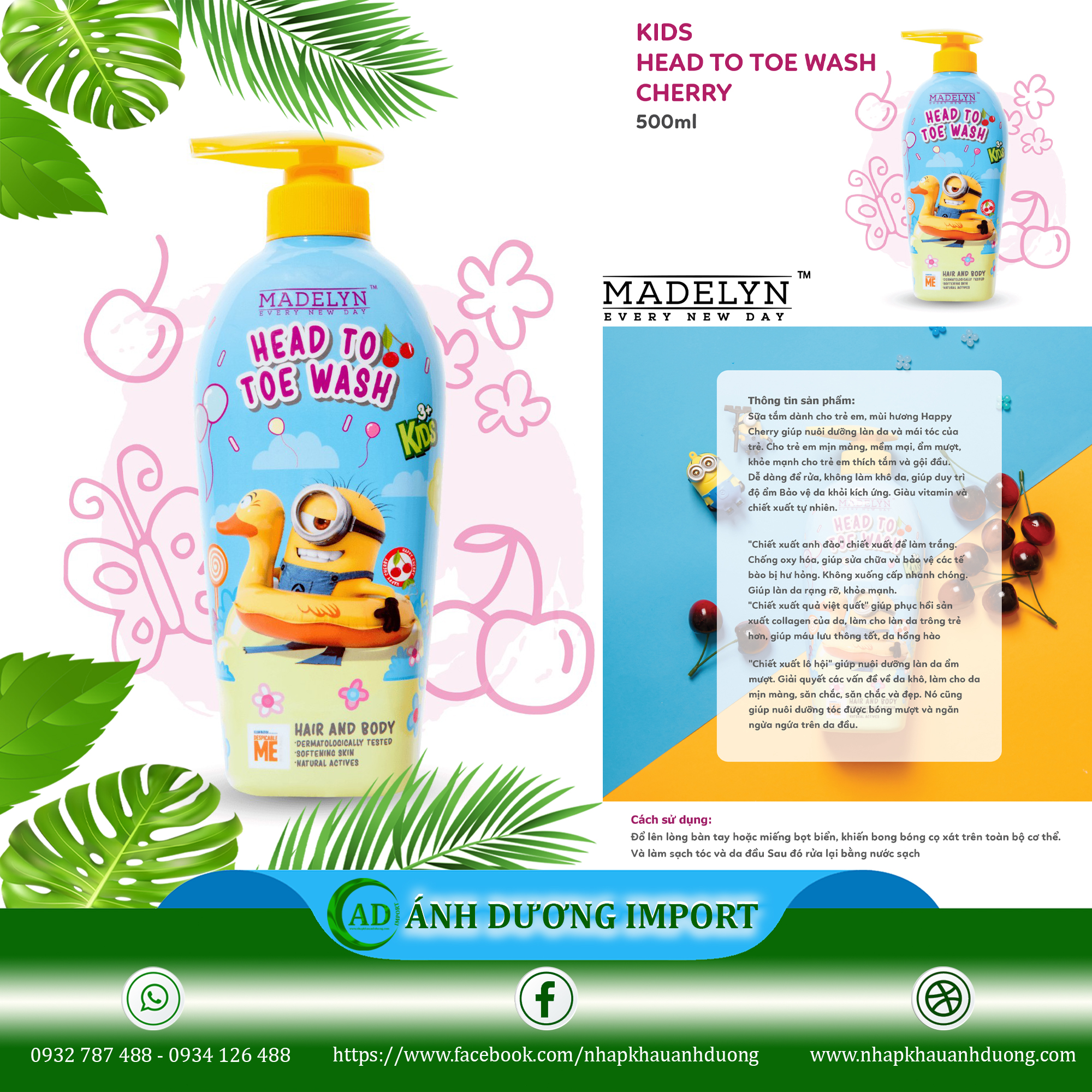 Tắm Gội Toàn Thân Hương Cherry Dành Cho Trẻ Em - MINION MADELYN MINION KIDS HEAD TO TOE WASH CHERRY 500ml