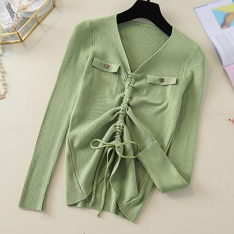 Áo sweater nữ tay dài cổ chữ V màu trơn thời trang