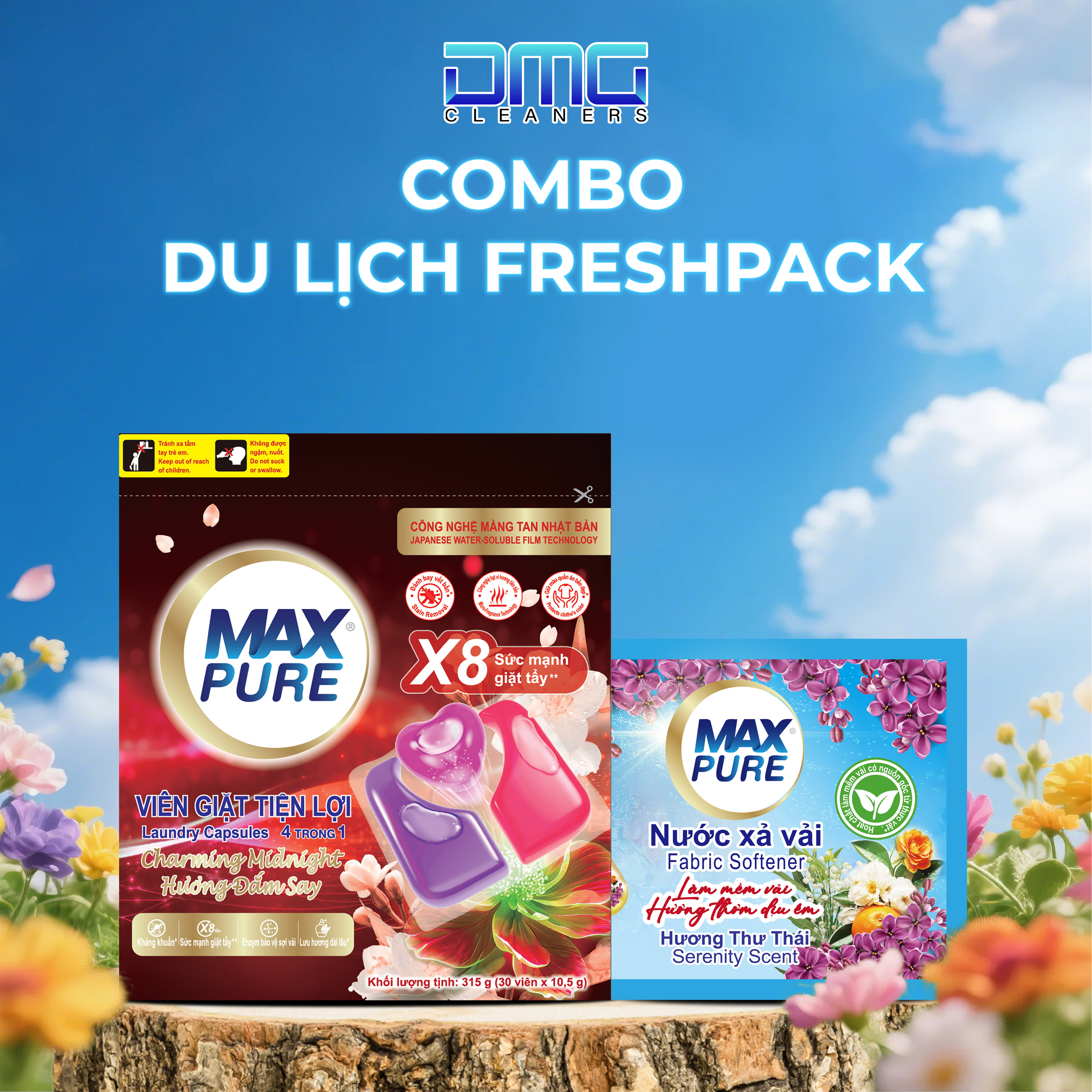 Combo Du Lịch FreshPack Maxpure: Túi Viên Giặt Hương Huyền Thoại + Dây Nước Xả Hương Coco (10 Gói) | Thơm Lâu, Sạch Sâu