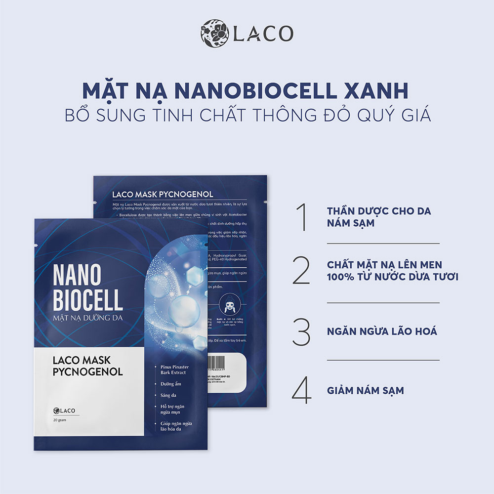 Mặt nạ giấy Laco Biocell xanh - Thải độc, phục hồi da, giảm lão hóa, trẻ hóa làn da, giúp mờ nám và nếp nhăn, tái tạo làn da tươi trẻ với công nghệ nano biocell tăng hiệu quả gấp 20 lần - Sản phẩm chính hãng