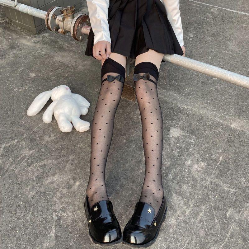 [Sỉ lẻ] Tất đùi mỏng, HỌA TIẾT CHẤM BI VIỀN LỚN ĐÍNH NƠ phong cách Lolita Nhật Bản cho nữ quyến rũ, sang chảnh - Noisock