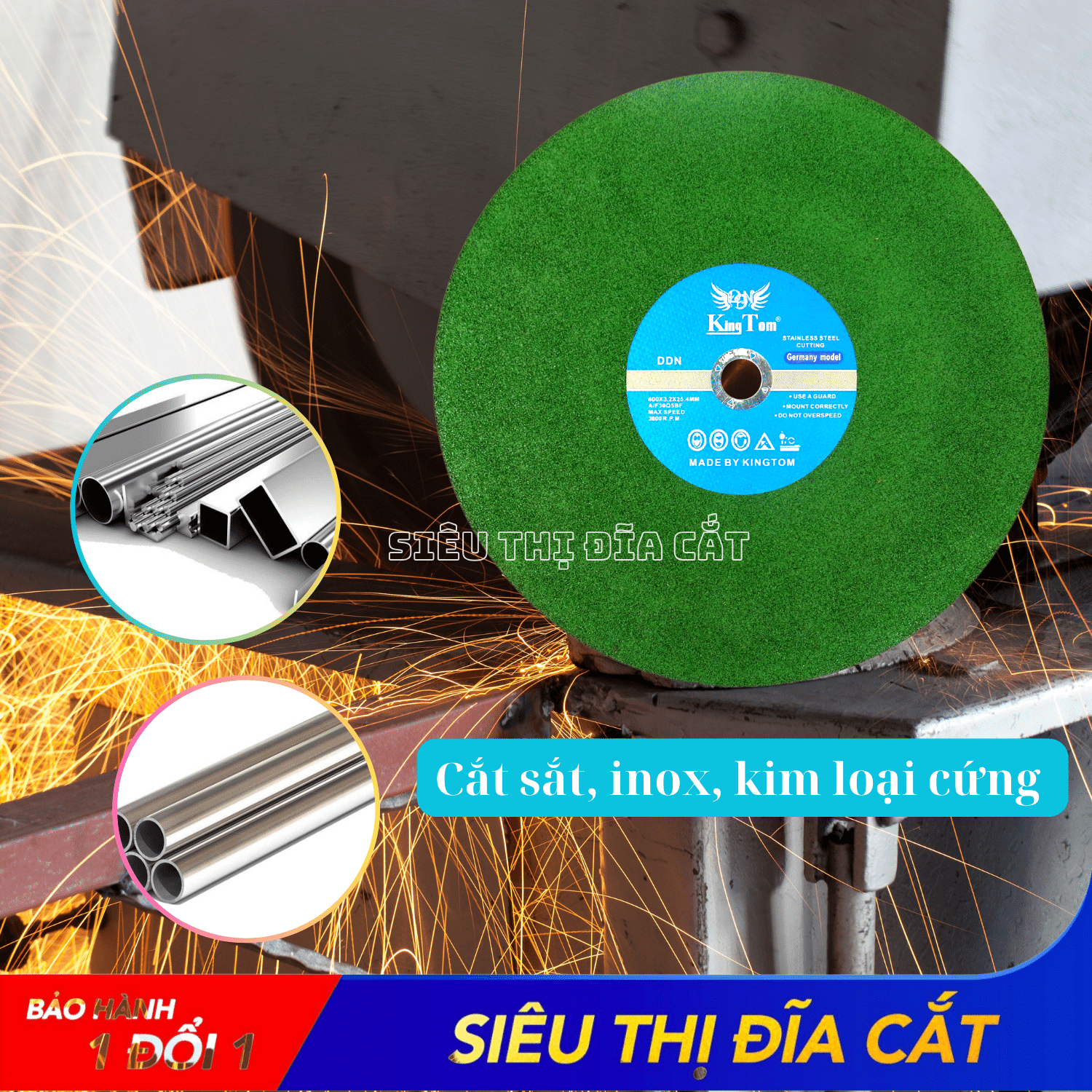 Đá Cắt KingTom Xanh 400mmx3.2mmx25.4mm - Lẻ 5 Viên - Cắt Kim Loại, Cắt Sắt, Inox