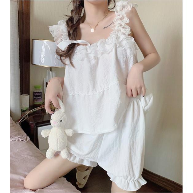 Set đồ ngủ hai dây thiết kế ren viền cổ kết hợp quần bí ngô siêu cute S022