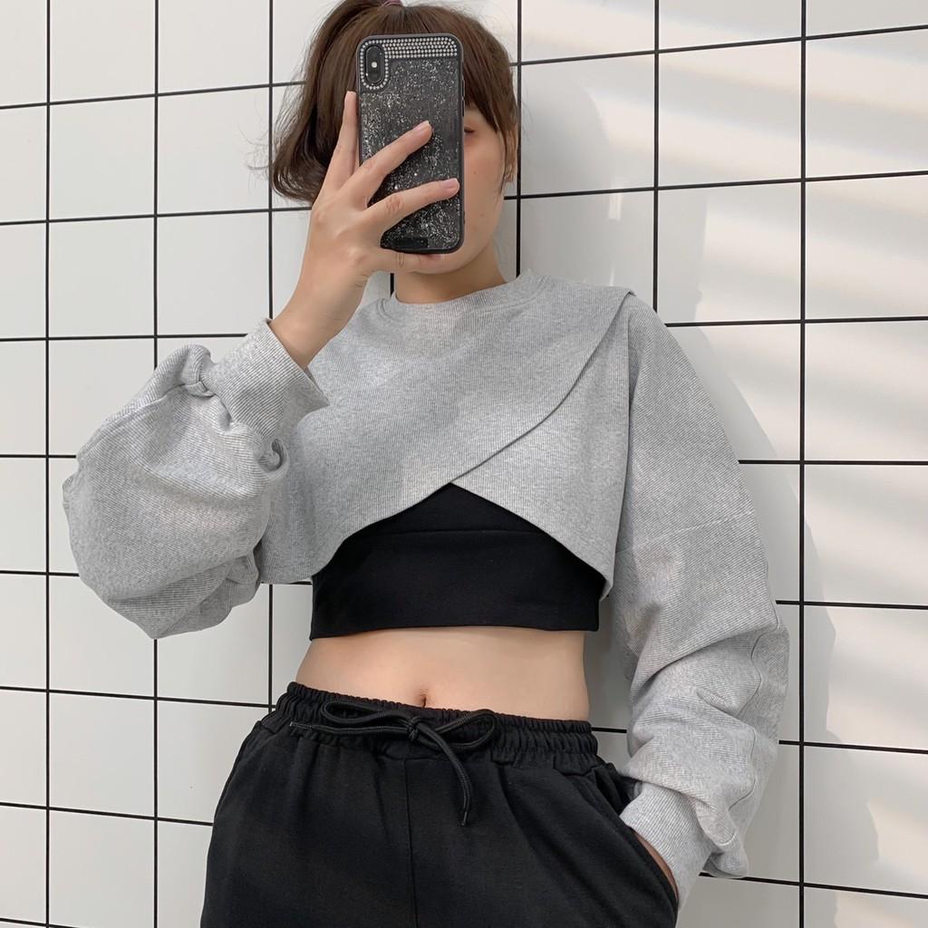 Áo Croptop Dài Tay Dáng Rộng Đắp Chéo Phong Cách Hàn Quốc