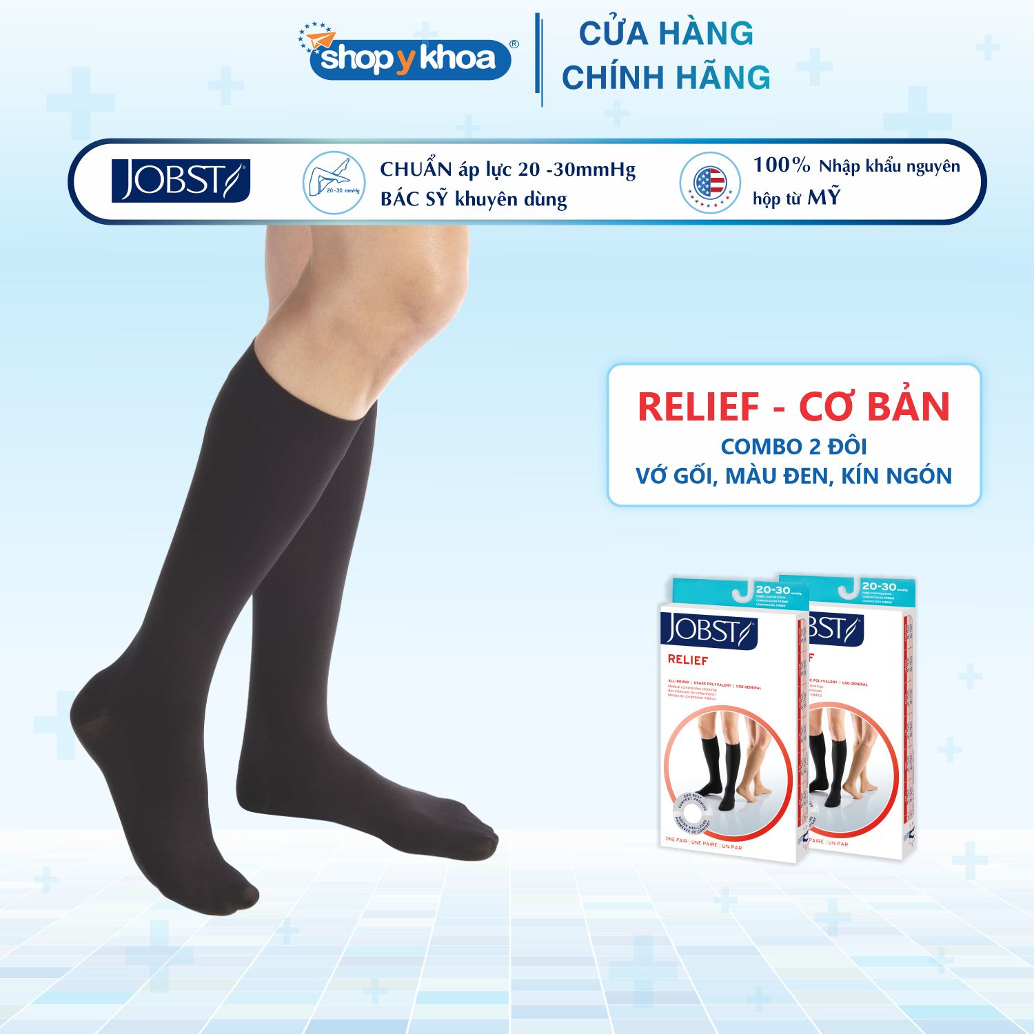 Combo 2 đôi Vớ y khoa gối JOBST Relief - Cơ bản, màu đen, kín ngón, 20-30mmHg, giãn tĩnh mạch chân (tất y khoa)