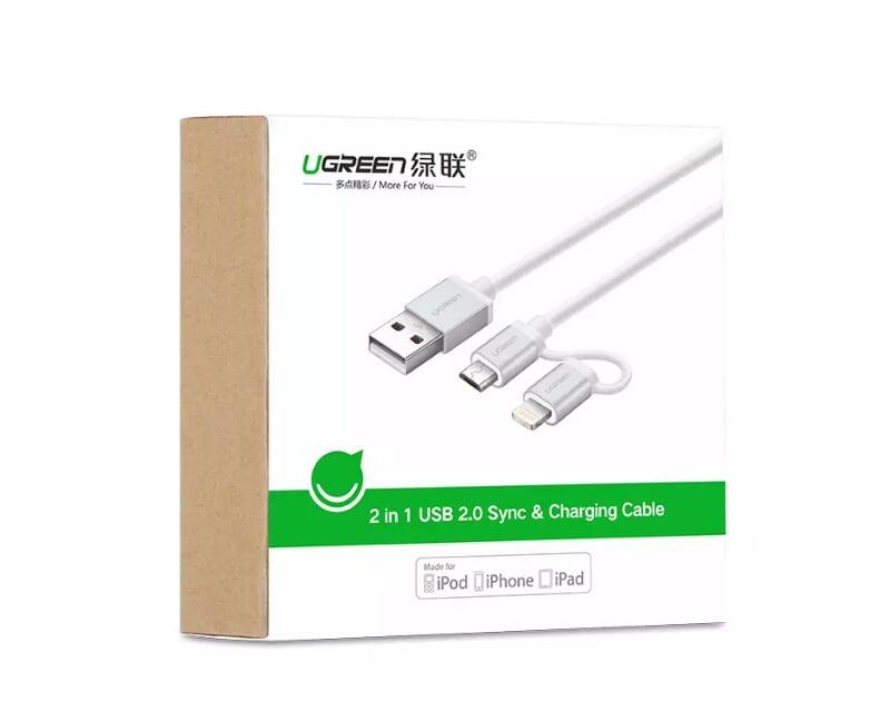 Ugreen UG30893US165TK 1.5M màu Đen Cáp sạc đa năng USB sang MicroUSB + Lightning - HÀNG CHÍNH HÃNG