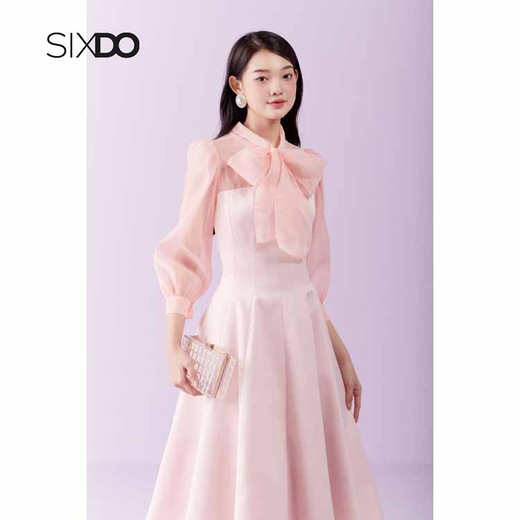 Đầm xòe nữ taffta phối tay voan cổ nơ thời trang SIXDO