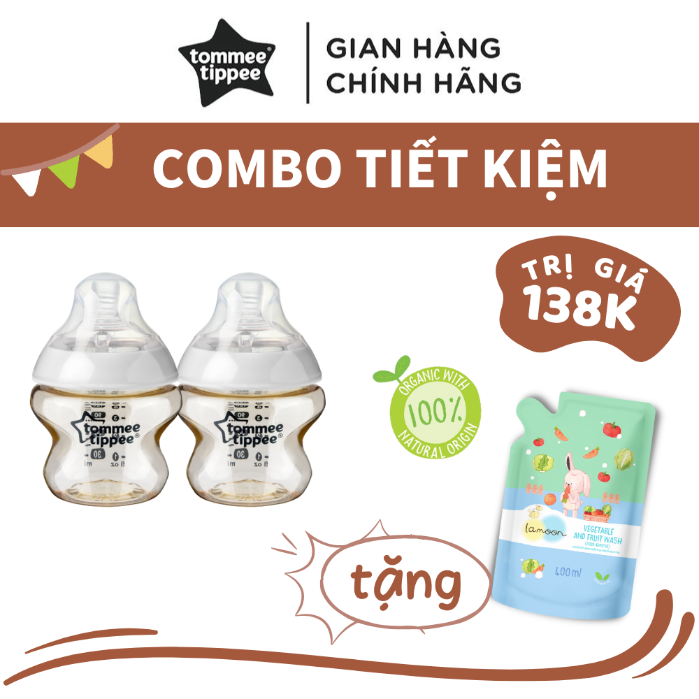 COMBO 2 Bình Sữa Tommee Tippee PPSU Ty Siêu Mềm Tự Nhiên 150ml TẶNG 1 Túi Nước rửa rau củ quả Organic Lamoon 400ml