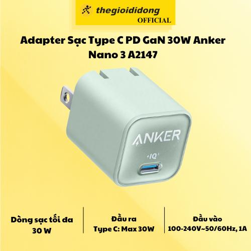 Adapter Sạc Type C PD GaN 30W Anker Nano 3 A2147 - Hàng Chính Hãng