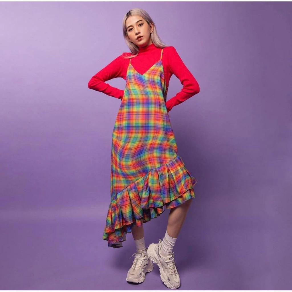 Đầm Hai Dây Maxi Chân Váy Xoè Cầu Vồng TARTAN - Tartan Dress SE / Rainbow / Tartan Pattern 