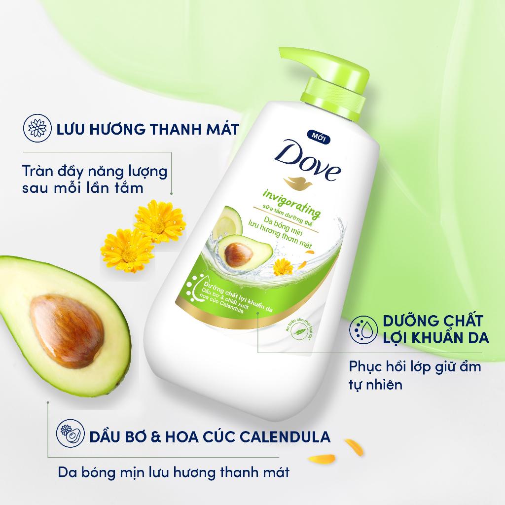 Sữa Tắm Dove Dưỡng Thể Invigorating Lưu Hương Thơm Mát Chiết Xuất Bơ &amp; Hoa Cúc 900g