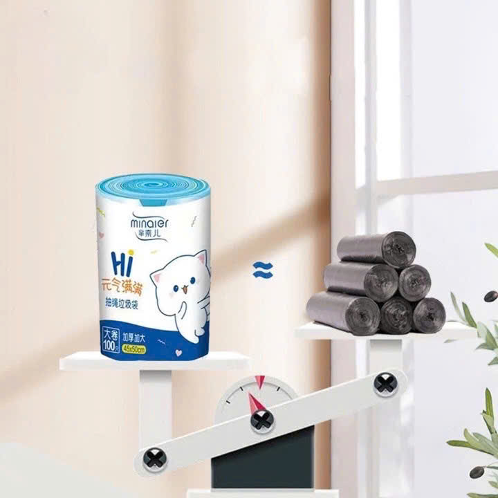 Cuộn 100 túi đựng rác gấu siêu dai, túi rác có dây rút tự hủy sinh học size 45 x 50 cm