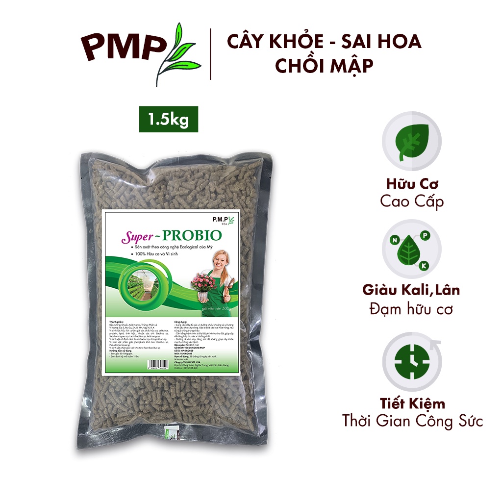 Phân Vi Sinh Super Probio PMP Dạng Viên Nén Tan Chậm, Chuyên Dụng Cho Hoa Hồng, Rau Củ Quả 1,5Kg