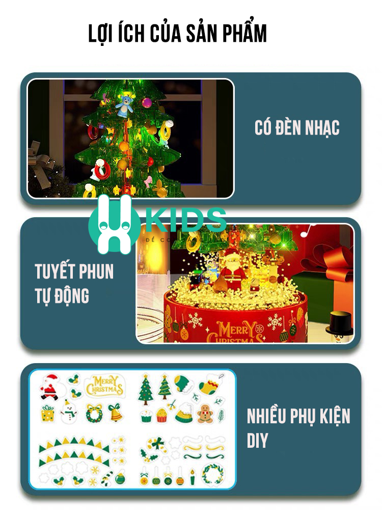 Hộp nhạc quà tặng noel cây thông giáng sinh lắp ráp trang trí DIY cỡ lớn có đèn phun tuyết tự động, xoay 360 siêu đẹp