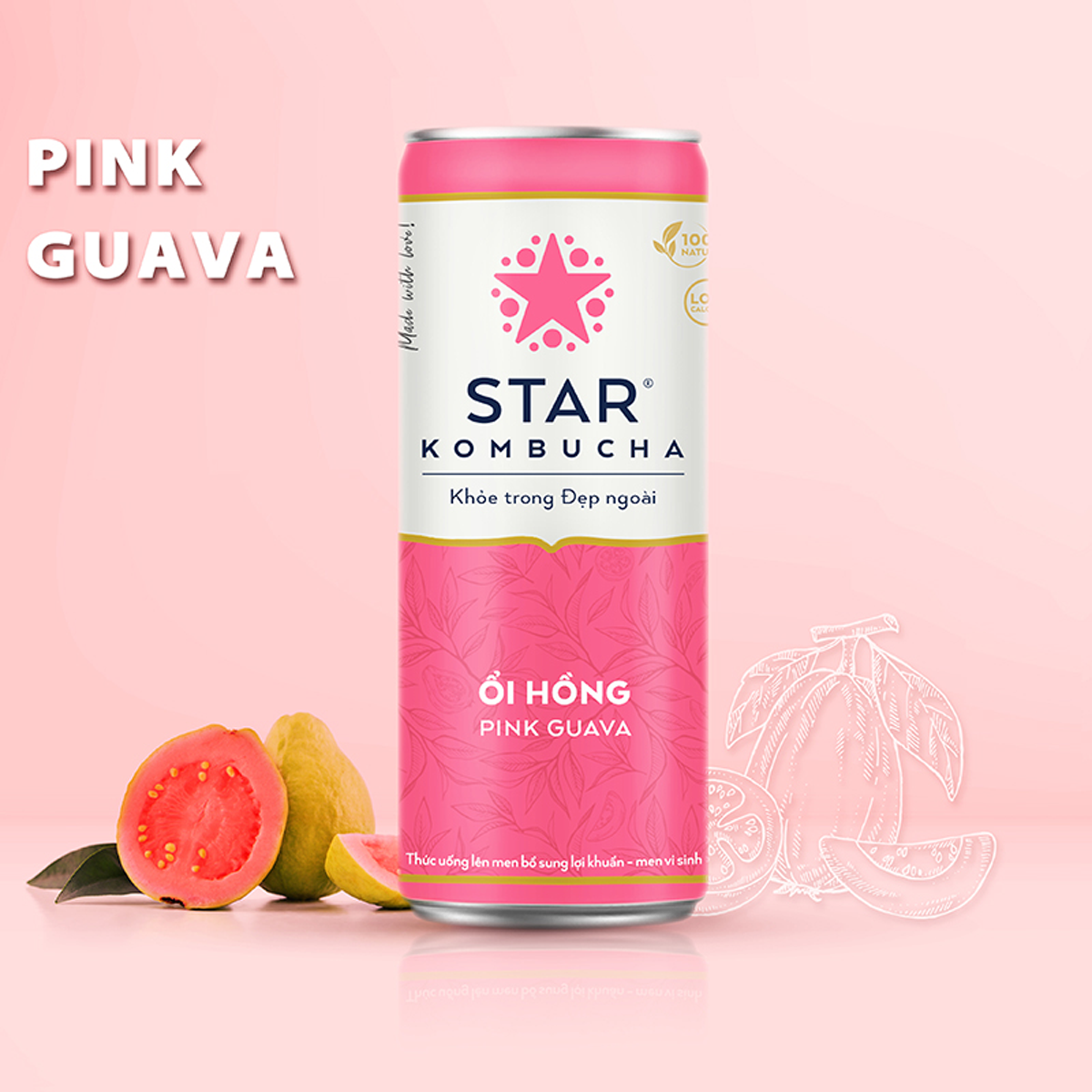 Thùng 12 lon thức uống lên men STAR KOMBUCHA Ổi Hồng / Pink Guava (250ml/lon)