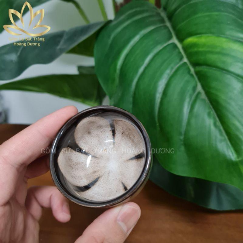 Bộ ấm chén hoả biến Bát Tràng quai đồng màu xanh rêu bạc 450ml kèm khay tre