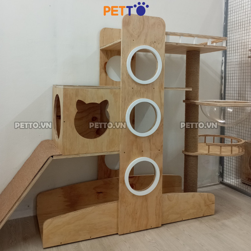 Cattree cho mèo PETTO nhà cây cho mèo bằng gỗ SIÊU TO có CẦU TUỘT thoải mái leo trèo CH048