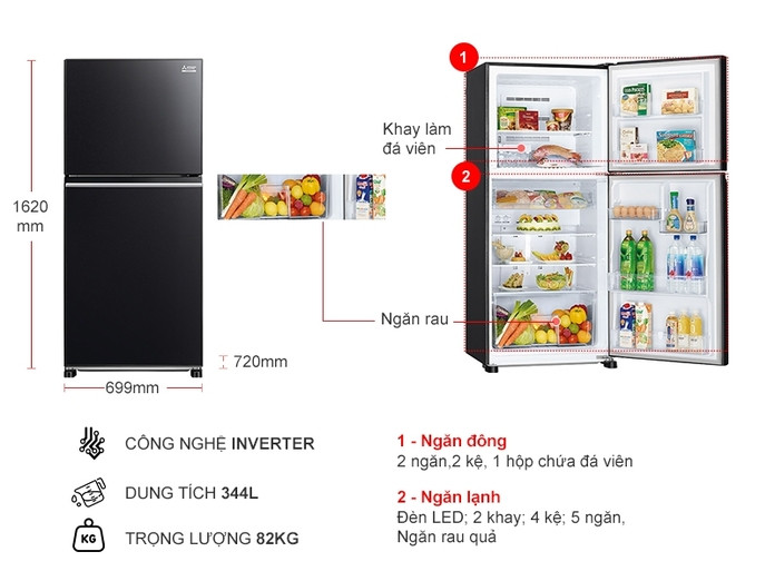 TỦ LẠNH MITSUBISHI ELECTRIC 344 LÍT MR-FX43EN-GBK-V (2 CỬA) - HÀNG CHÍNH HÃNG - CHỈ GIAO HCM