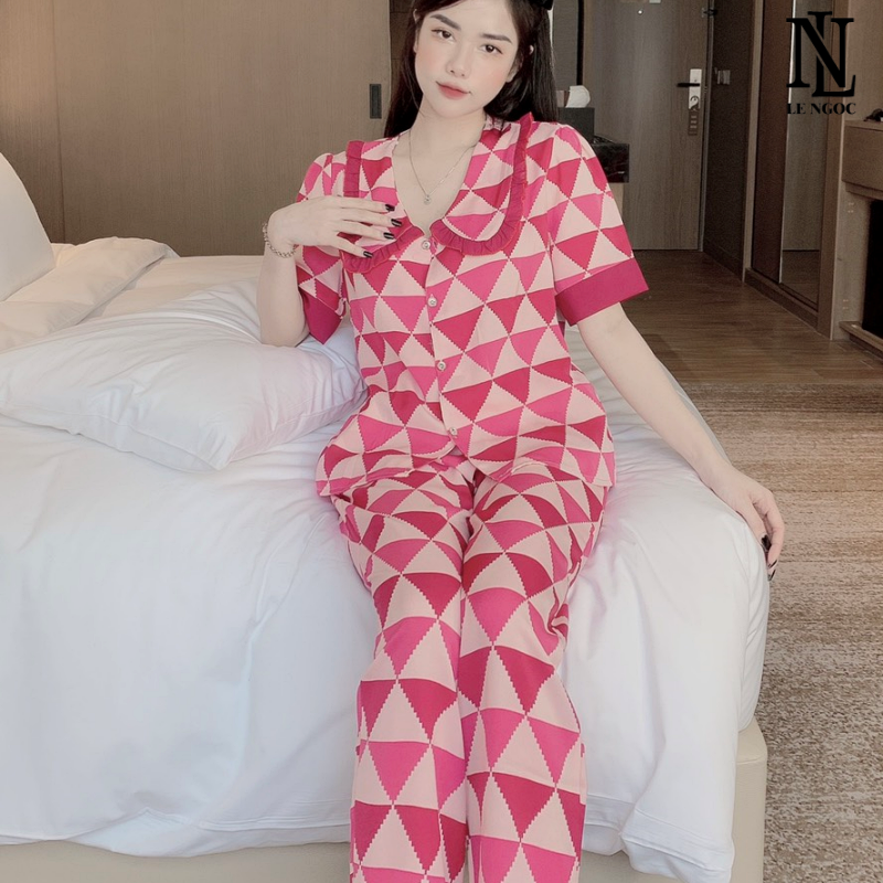 Bộ pijama cộc tay quần dài chất liệu lụa mango, bộ đồ ngủ nữ pyjama cổ bèo dễ thương DC22