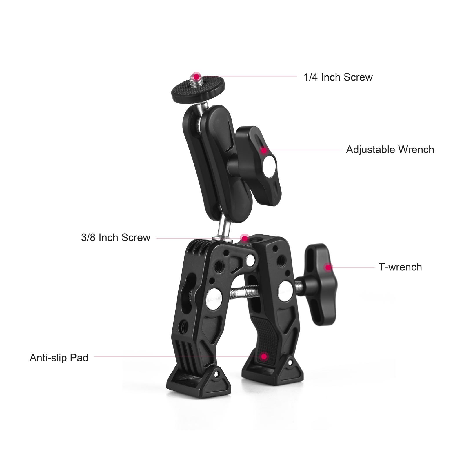Multi-functional Super Clamp Aluminum Alloy with Dual 360° Rotatable Ballhead 1/4 Inch Screw Connection 1/4 Inch and 3/8 Inch Threads 1.5kg Load Bearing