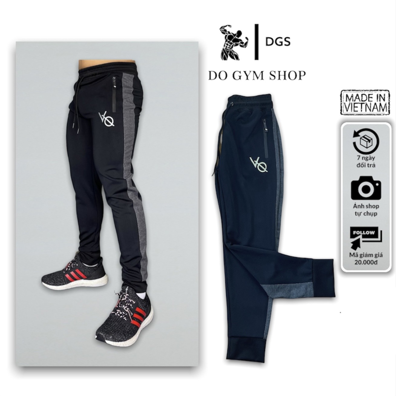 Quần dài tập gym nam DO GYM SHOP sọc xám logo thêu, thun polyester co giãn 4 chiều