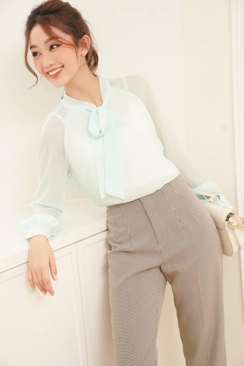Áo Kiểu Nữ Buộc Nơ GILLEE Voan Xanh Mint Có Lớp Lót Tilly