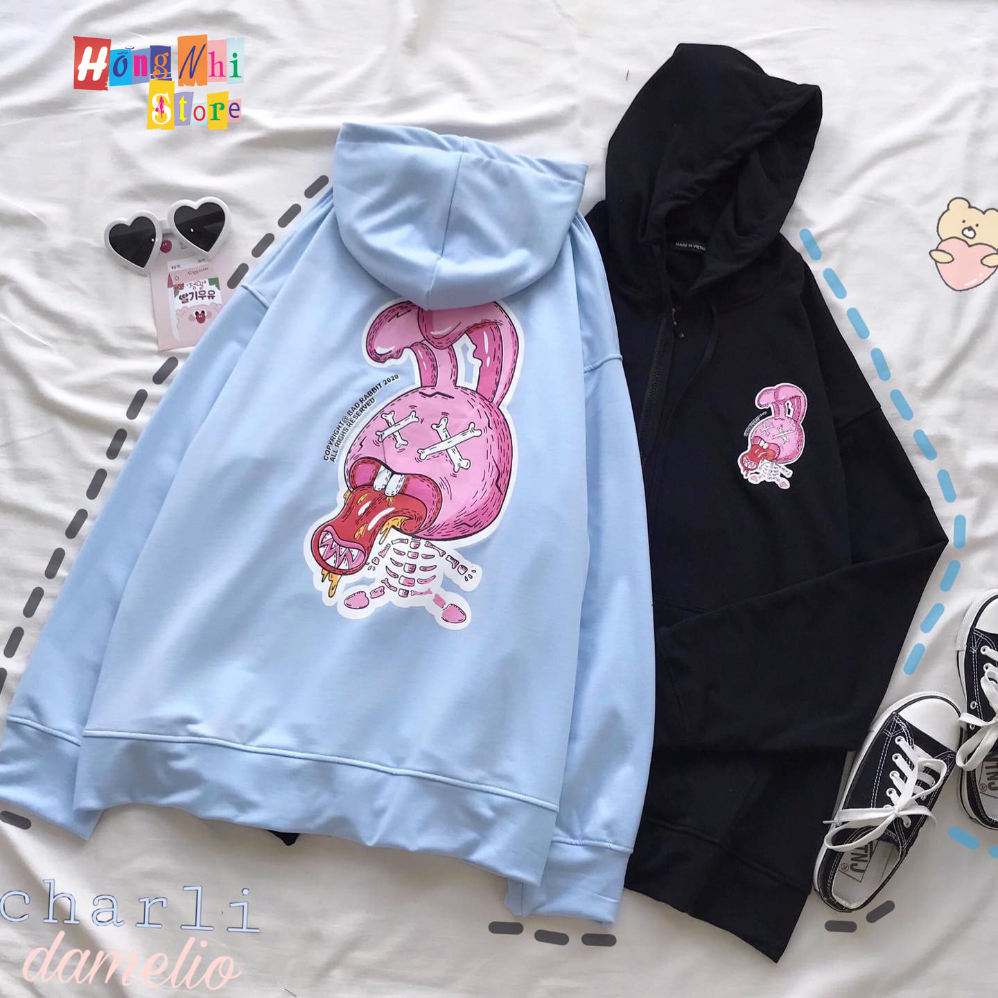 Áo Khoác Hoodie Zip In Hình Thỏ Hồng Oversize Ulzzang Unisex Dáng Rộng - MM